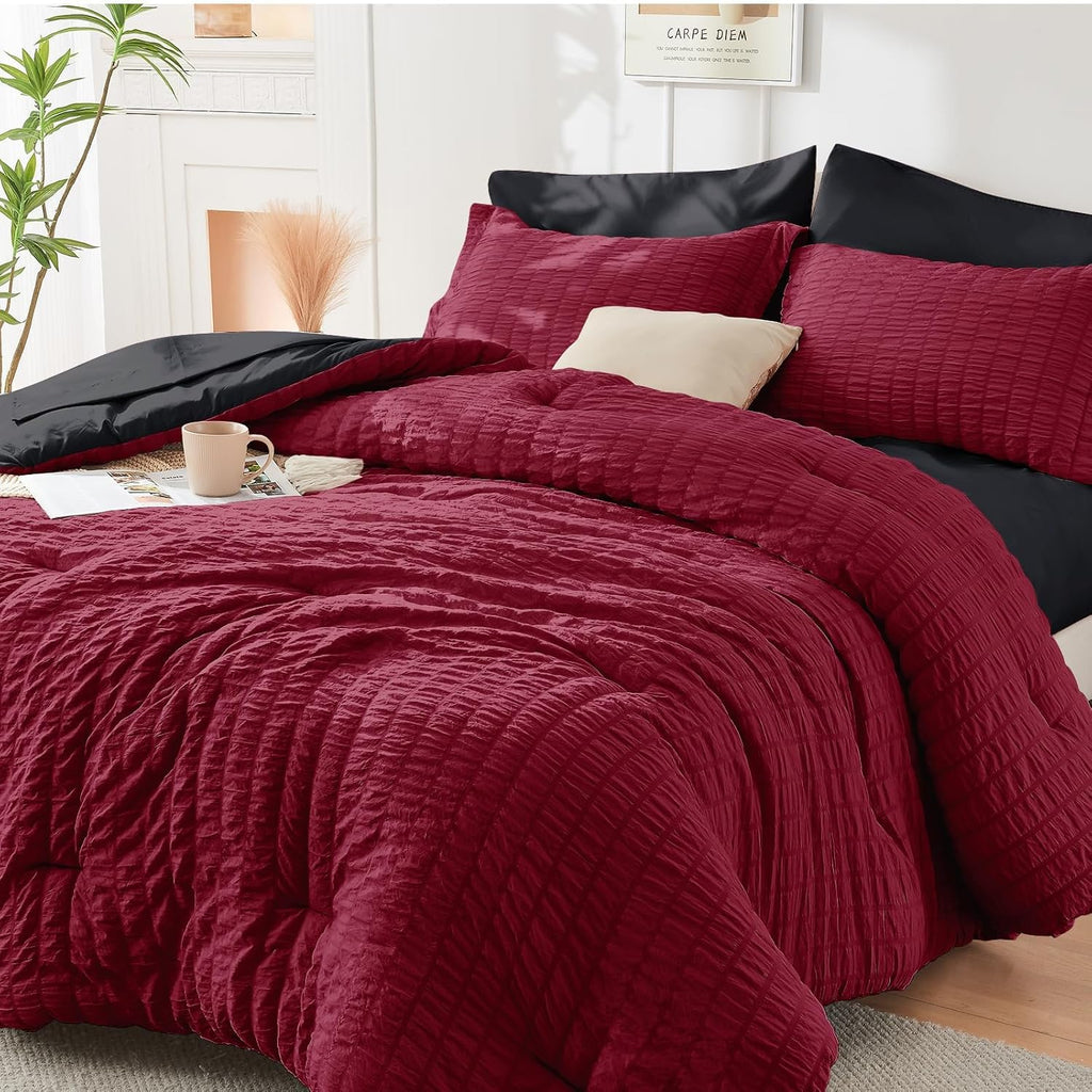 HYMOKEGE 7 Piece King Size Comforter Set Seersucker, All Season Luxury Bed in a Bag for Bedroom, Bedding Set with Comforters, Sheets, Pillowcases & Shams, Dark Grey
