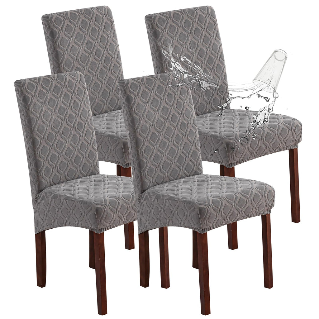 Genina Waterproof Chair Covers for Dining Room 6 Pack, Stretch Jacquard Dining Chair Cover Removable Washable Chair Protectors Cover for Kitchen, Home (Leaves-Warm Gray, 6 PCS)