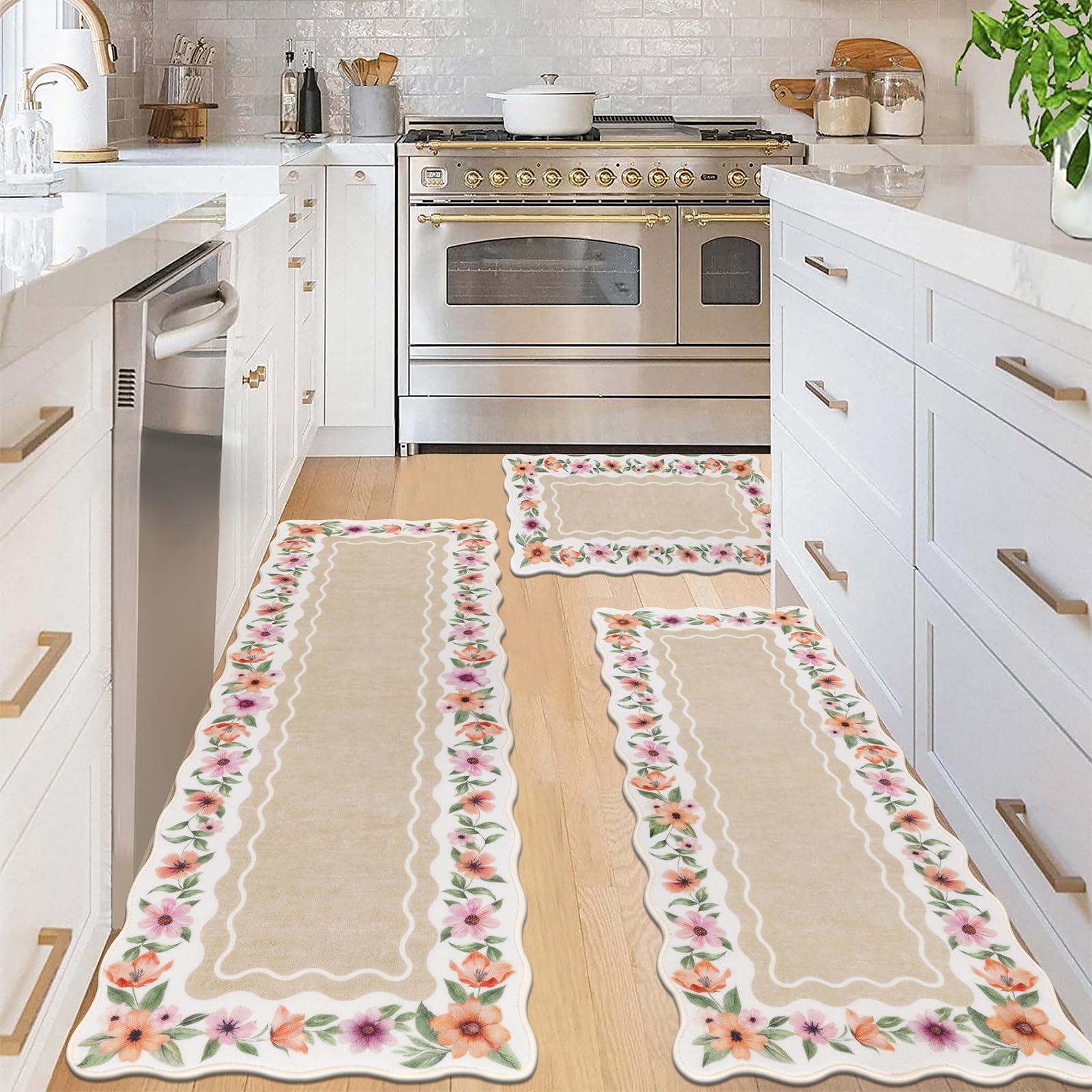 Vaukki Boho Kitchen Rug Sets 3 Pieces, Washable Kitchen Mats for Floor, Non Slip Soft Kitchen Area Rug Floor Mat for Kitchen, Laundry Room and Hallway (Grey and Beige, 20''x32''+20''x47''+20''x59'')