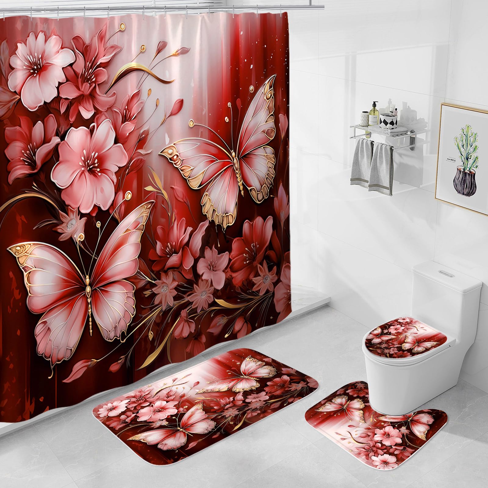 Litabel 4 Pcs Black Floral Butterfly Shower Curtain Set with Non-Slip Rugs, White Gold Modern Toilet Lid Cover and Bath Mat, Elegant Bathroom Decor Set (Hooks Not Included)