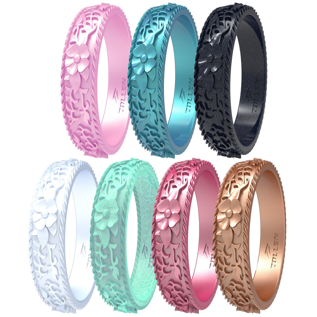 Silicone Wedding Rings for Women 1/4/7 Packs -Stackable Silicone Rubber Wedding Bands - Innovative Flower & Vine Collection