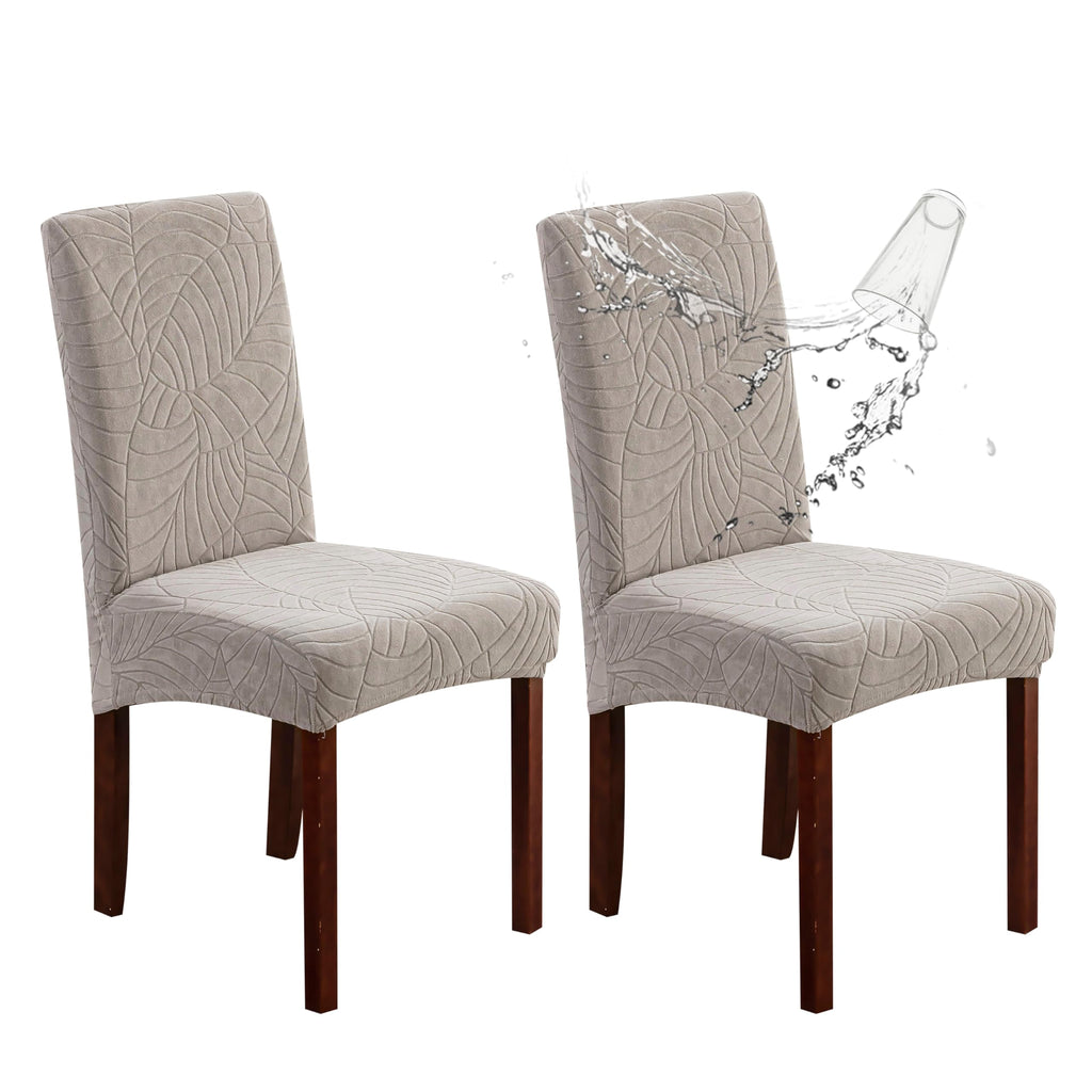 Genina Waterproof Chair Covers for Dining Room 6 Pack, Stretch Jacquard Dining Chair Cover Removable Washable Chair Protectors Cover for Kitchen, Home (Leaves-Warm Gray, 6 PCS)
