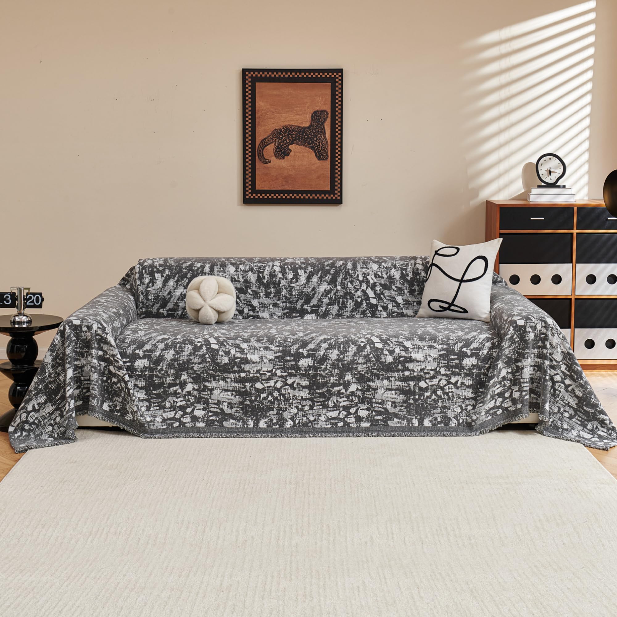 MYSKY HOME Boho Couch Cover Super Soft Couch Covers for 2-3 Cushion Couch Sofa, Modern Grey Jacquard Sofa Slipcover Loveseat Futon Cover, Couch Covers for Sectional Sofa, 71" x 118", Grey Curve