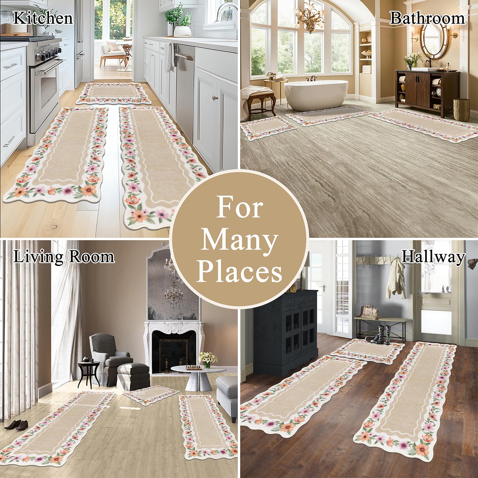 Vaukki Boho Kitchen Rug Sets 3 Pieces, Washable Kitchen Mats for Floor, Non Slip Soft Kitchen Area Rug Floor Mat for Kitchen, Laundry Room and Hallway (Grey and Beige, 20''x32''+20''x47''+20''x59'')