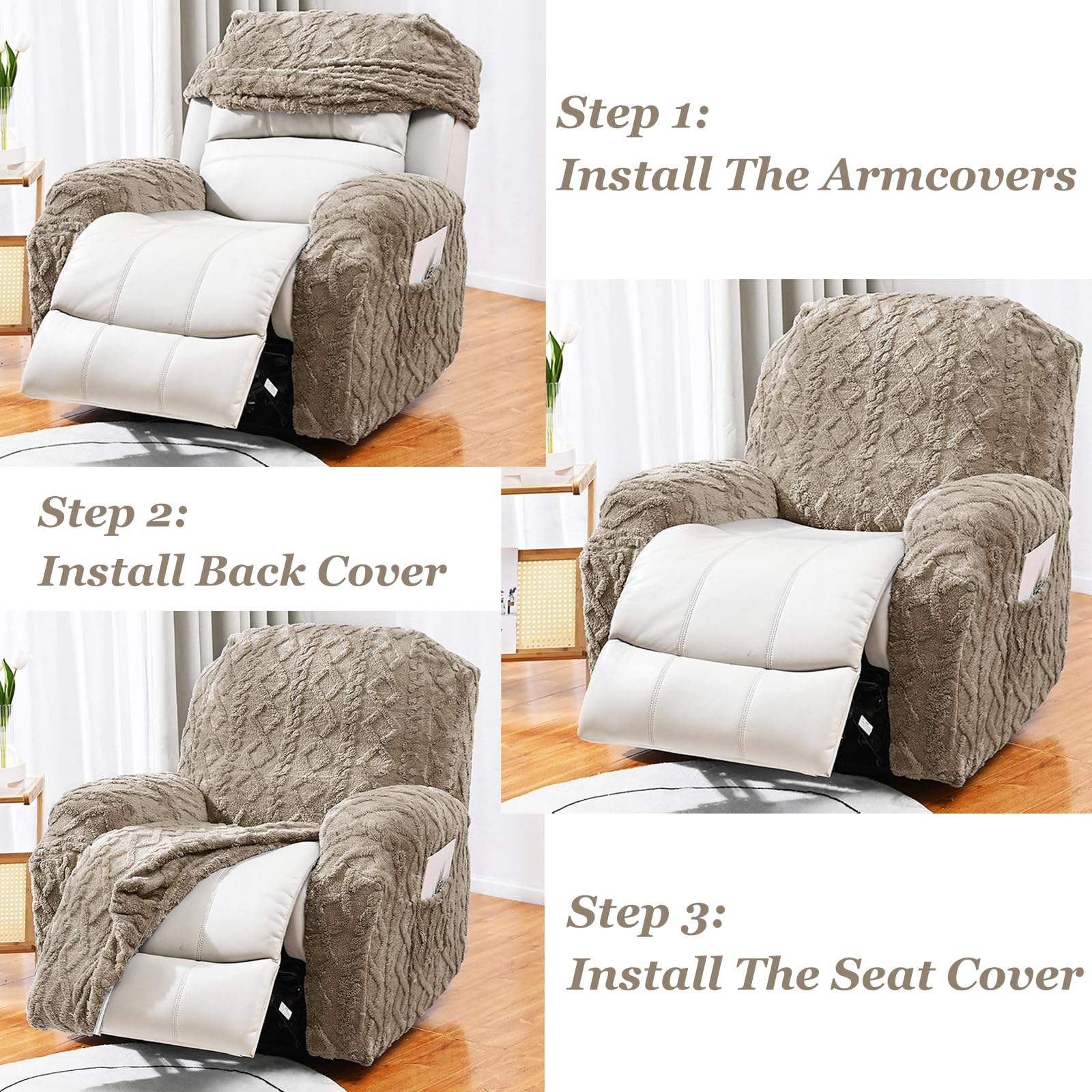 JOKIVTOU Recliner Chair Covers 4-Pieces Reclining Chair Slipcovers with Pocket& Elastic Bottom, Soft Feel Fitted Lazy Boy Sofa Couch Cover Washable, Stretch Recliner Furniture Protector