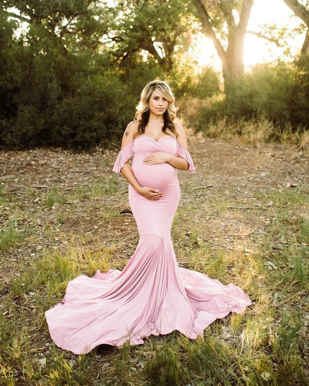 Saslax Off Shoulder Ruffle Sleeves Elegant Fitted Maxi Maternity Dress for Photoshoot Baby Shower