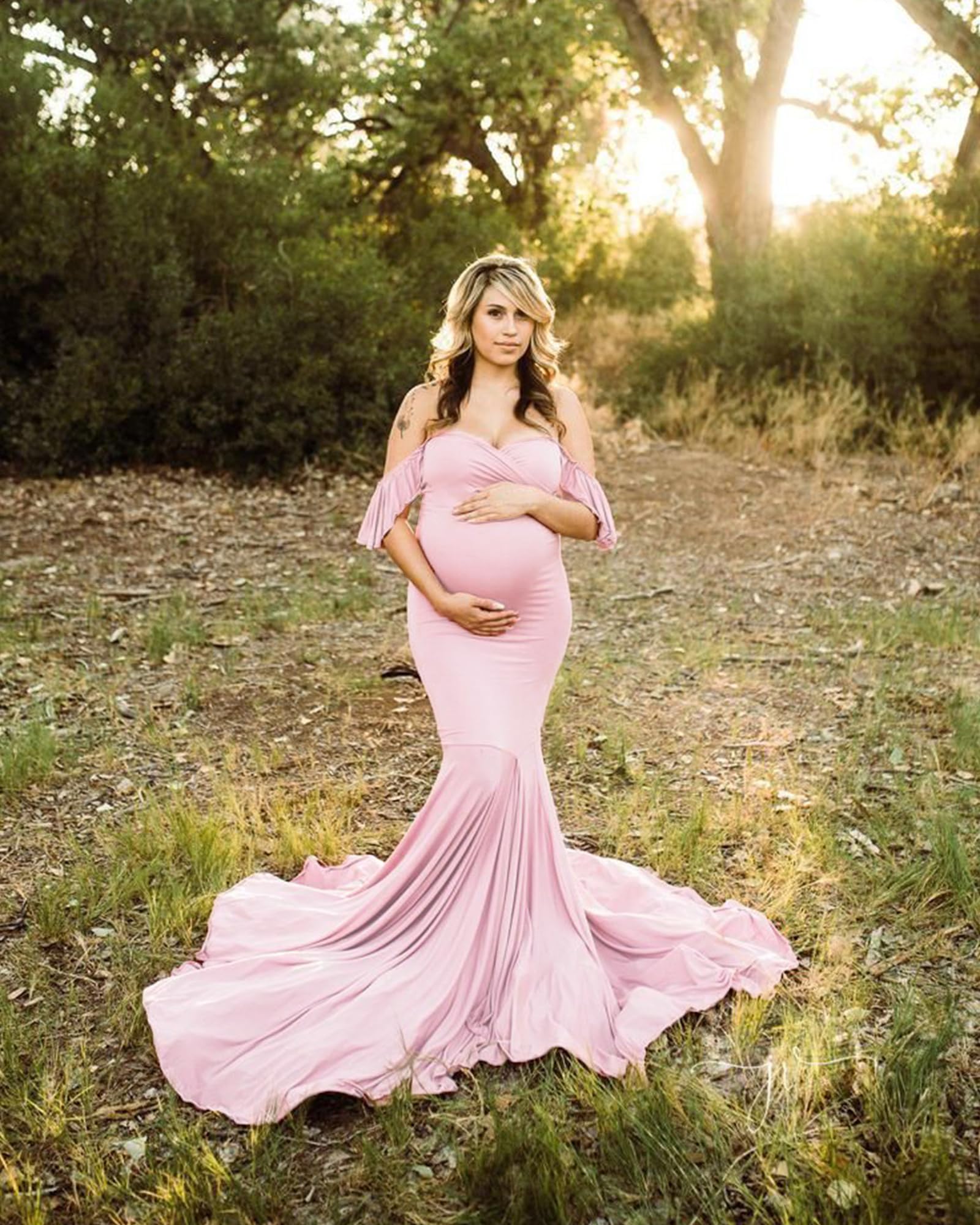 Saslax Off Shoulder Ruffle Sleeves Elegant Fitted Maxi Maternity Dress for Photoshoot Baby Shower