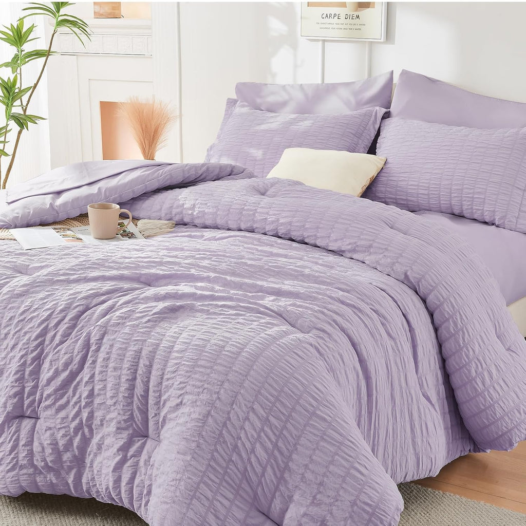 HYMOKEGE 7 Piece King Size Comforter Set Seersucker, All Season Luxury Bed in a Bag for Bedroom, Bedding Set with Comforters, Sheets, Pillowcases & Shams, Dark Grey