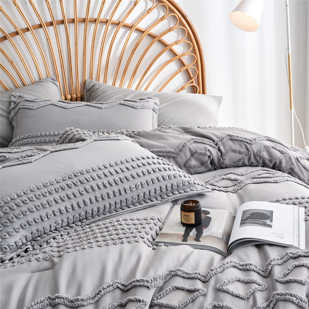 KAKIJUMN Grey Tufted Comforter Set King Size 7 Piece Bed in a Bag, Shabby Chic Boho Comforter and Sheet Set, Pom Pom Textured Bed Set, All Season Soft Microfiber Complete Bedding Set(Grey,King)