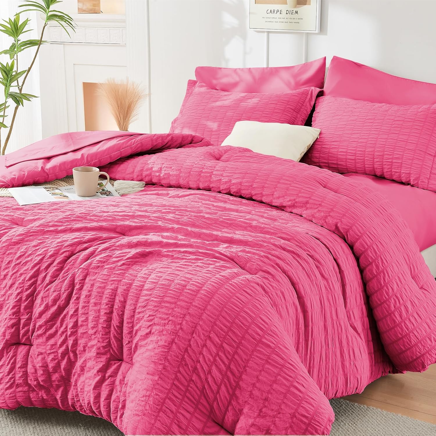 HYMOKEGE 7 Piece King Size Comforter Set Seersucker, All Season Luxury Bed in a Bag for Bedroom, Bedding Set with Comforters, Sheets, Pillowcases & Shams, Dark Grey