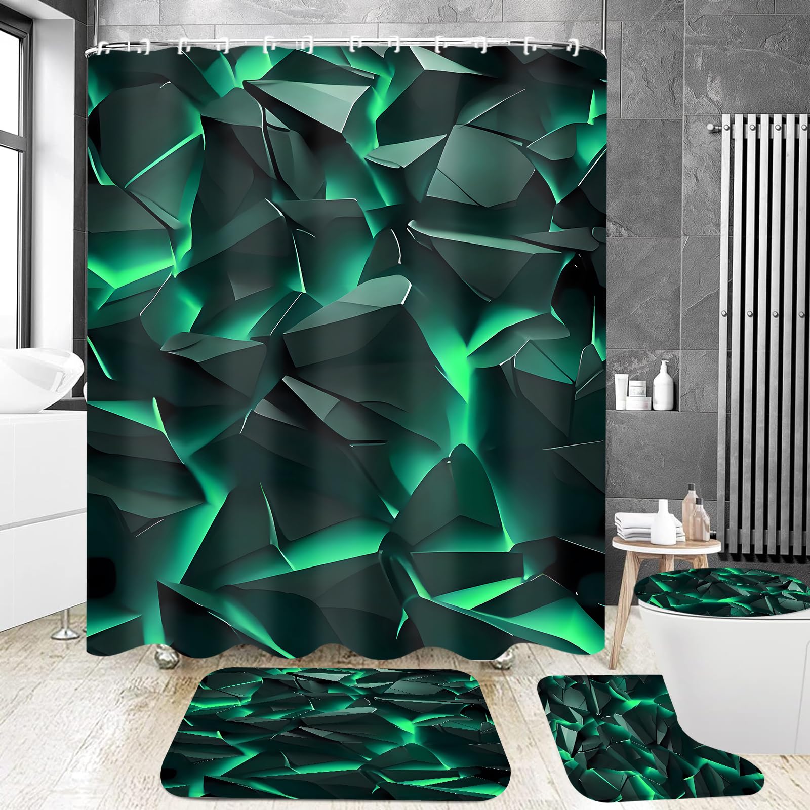 Yizheer Luxury 4Pcs Black & Gold Shower Curtain Set, Damascus Pattern Waterproof Bathroom Decor Kit (Shower Curtain + Bath Rugs + Toilet Lid Cover + Hooks), Elegant Vintage Curtain for Bathroom
