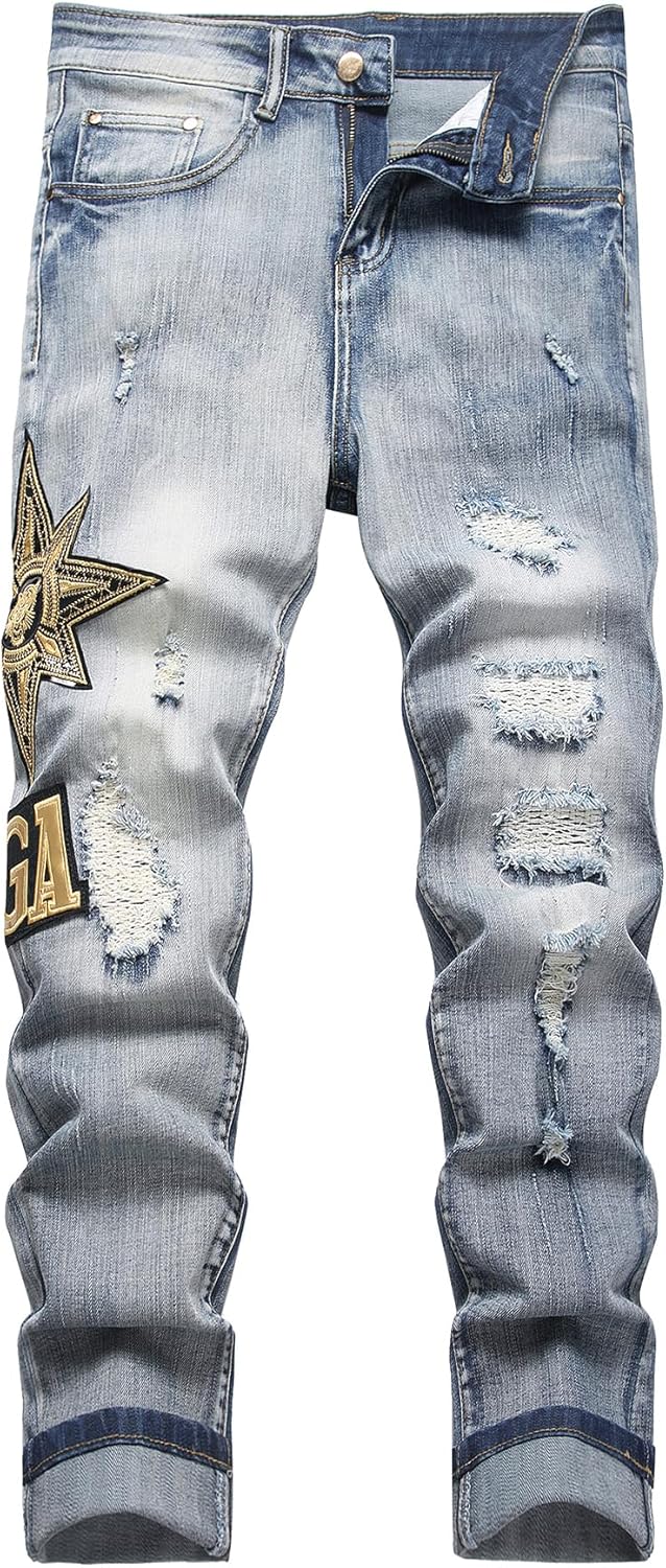 Baylvn Men's Designer Straight Slim Fit Patchwork Jeans Comfort Skinny Biker Denim Pants