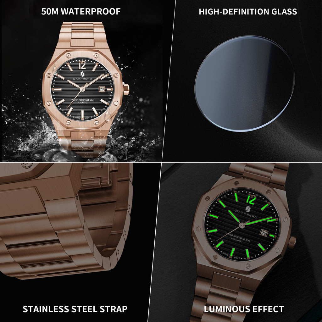 SAPPHERO Chronograph Watches for Men, Original Business Casual Stainless Steel Analog Watch 50M Waterproof Luminous Watches with Date Dial, Mens Gift
