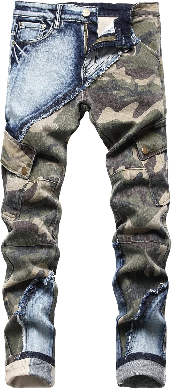 Baylvn Men's Designer Straight Slim Fit Patchwork Jeans Comfort Skinny Biker Denim Pants