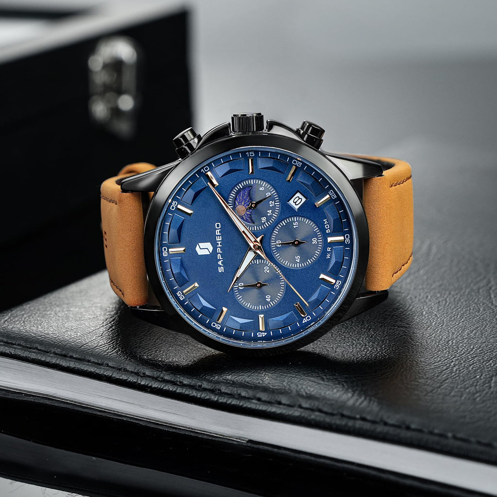 SAPPHERO Chronograph Watches for Men, Original Business Casual Stainless Steel Analog Watch 50M Waterproof Luminous Watches with Date Dial, Mens Gift