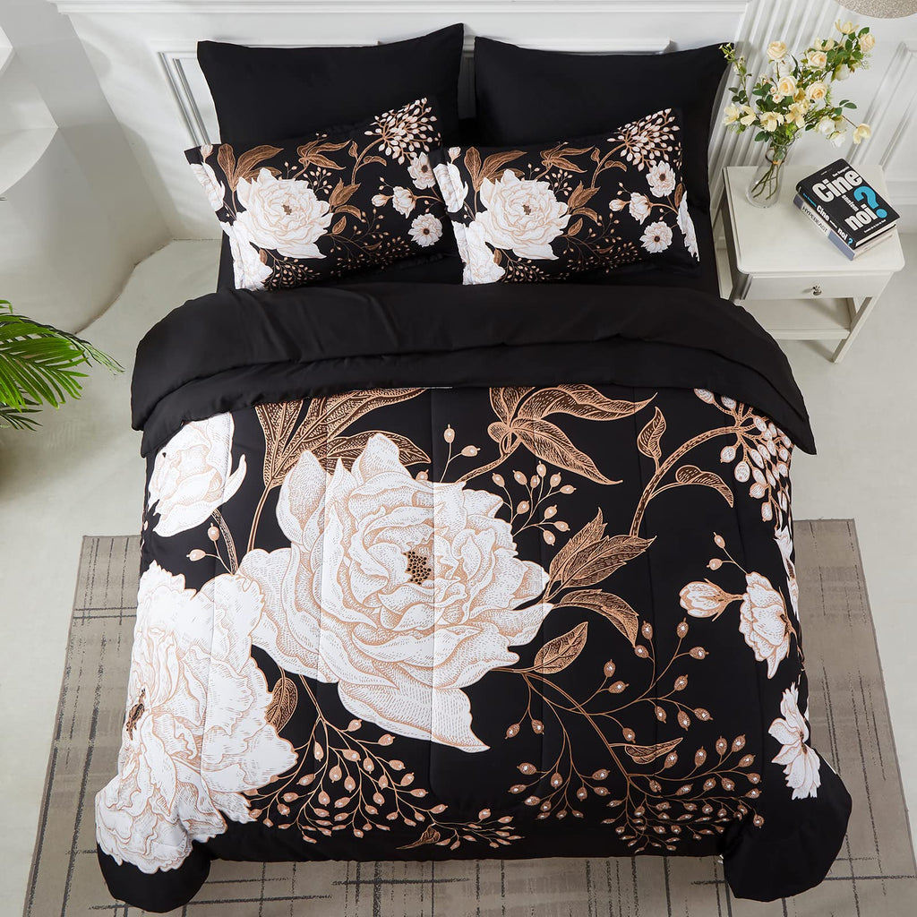 Yogeneg 7 Piece Bed in a Bag King Size Comforter Set Black Bedding Set,Gold Butterfly Leaves Printed on Black Reversible Design,Soft Microfiber Comforter with Sheet Set,All Season(Butterfly,King)