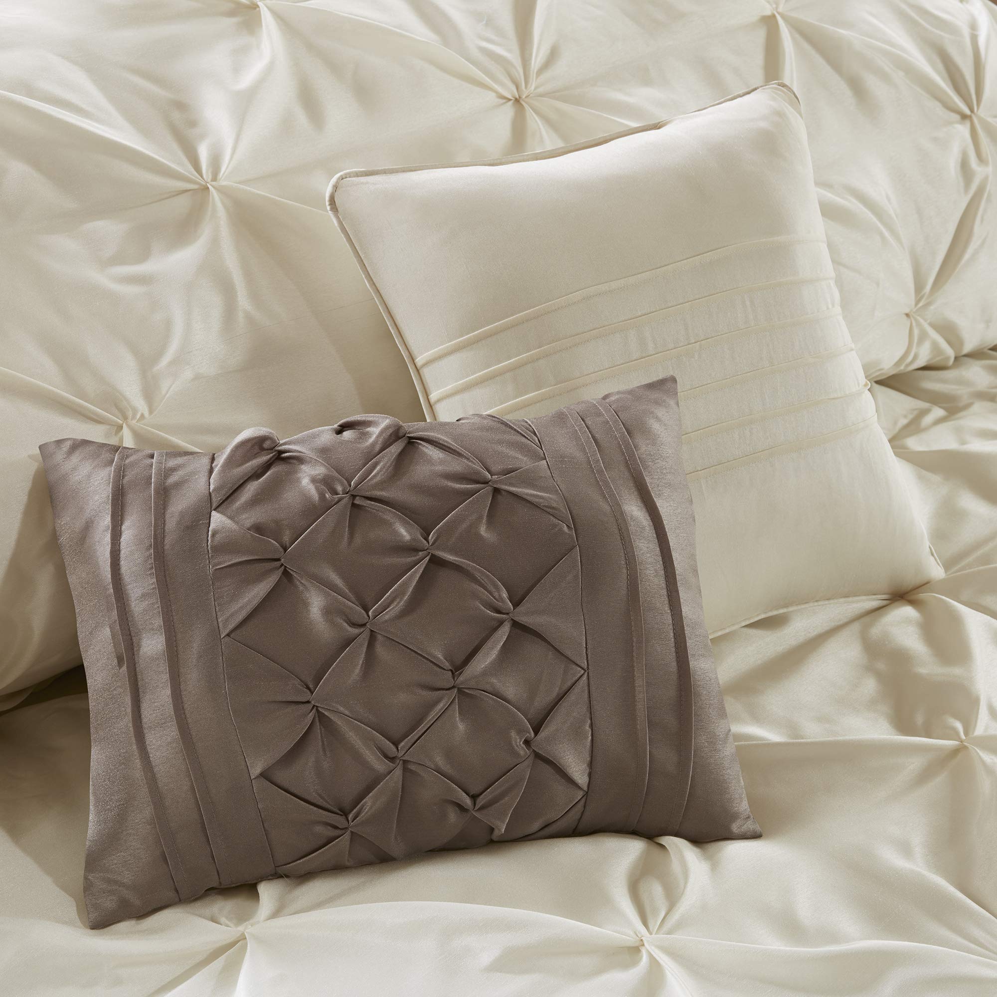 Madison Park Essentials Room in a Bag Faux Silk Comforter Set - Luxe Diamond Tufting All Season Bedding, Matching Curtains, Decorative Pillows, Taupe King(104"x92") 24 Piece