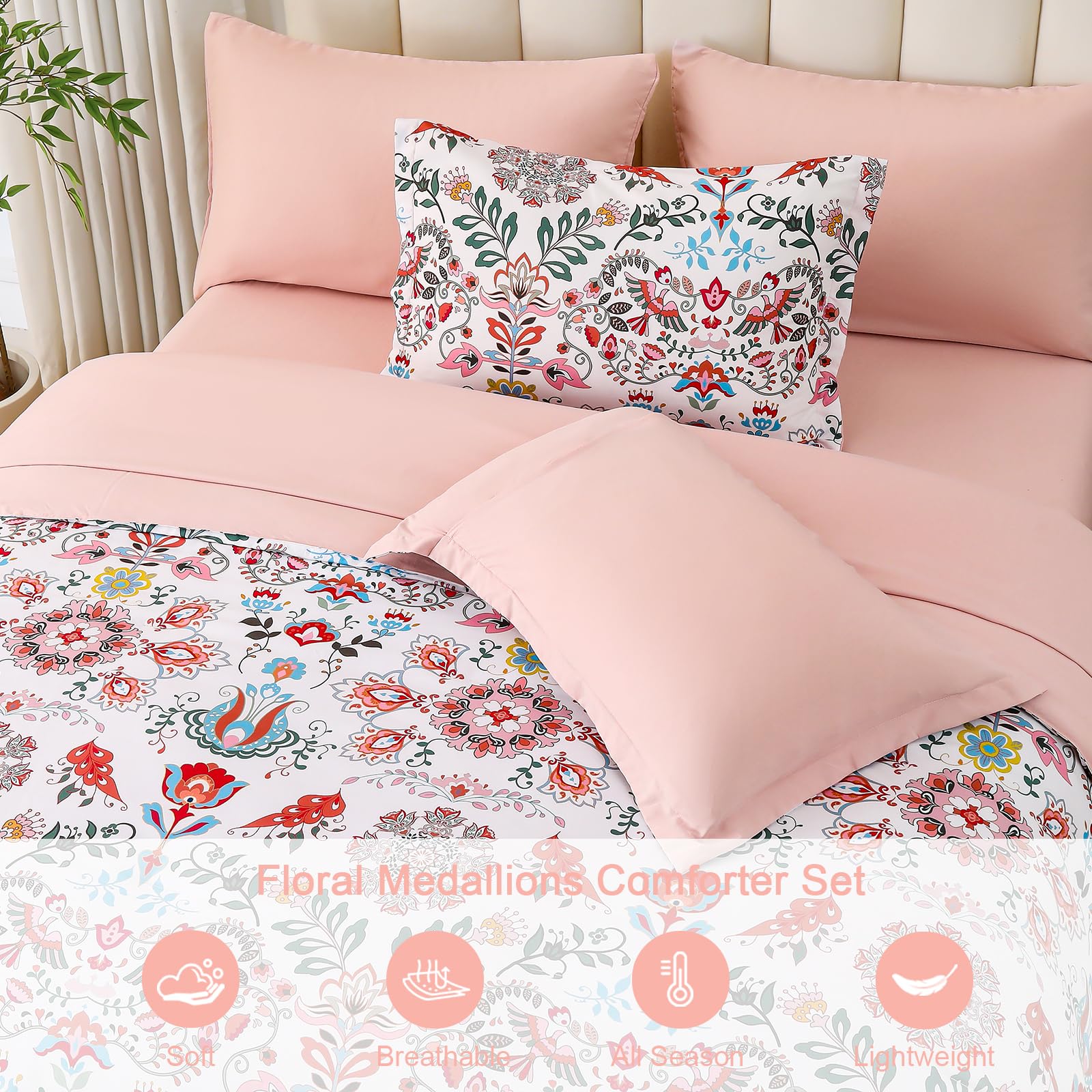 DHSFKBE 7 Piece Bed in a Bag Floral Comforter Set, Botanical Flowers Comforter and Sheet Set, Soft Microfiber Lightweight Bedding Comforter Set for All Season(Dark Floral, King)