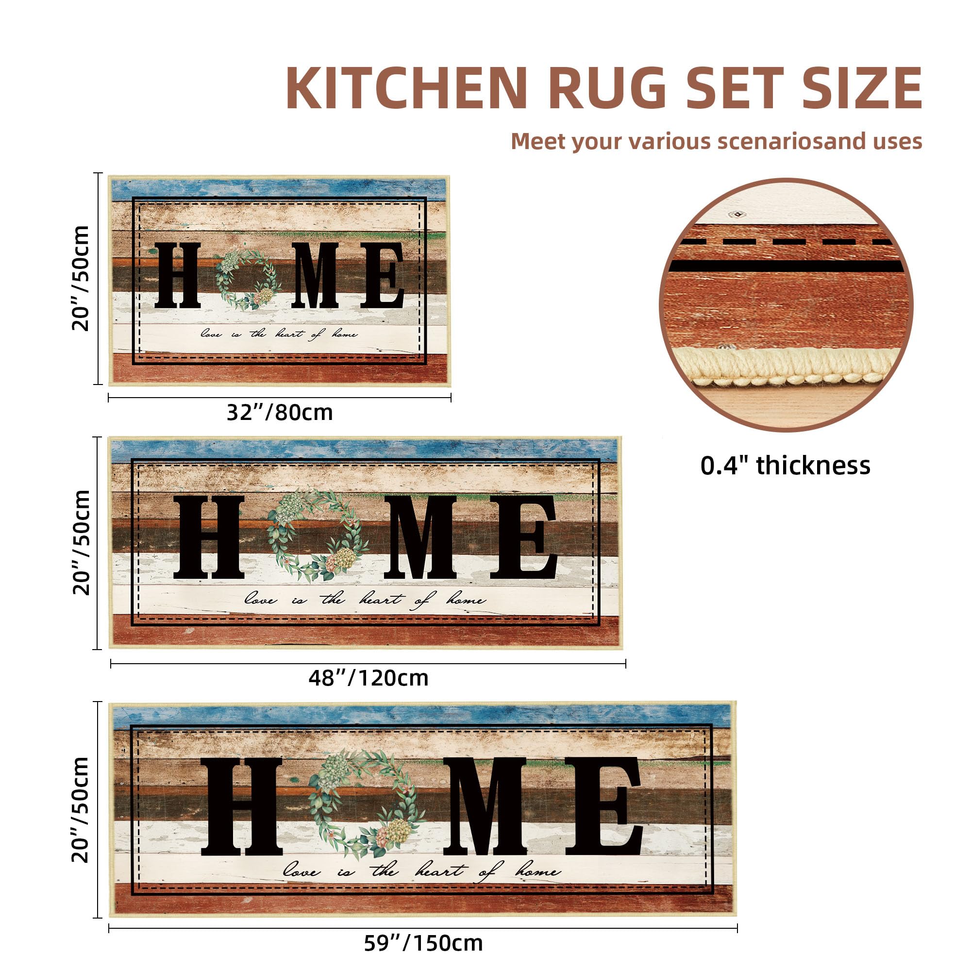 Tritard 100% Non Slip Kitchen Mats for Floor Washable Kitchen Rugs Sets of 3 Farmhouse Kitchen Runner Rug Soft Rustic Kitchen Floor Carpet for Hallway, Laundry, Sink, Office, Brown