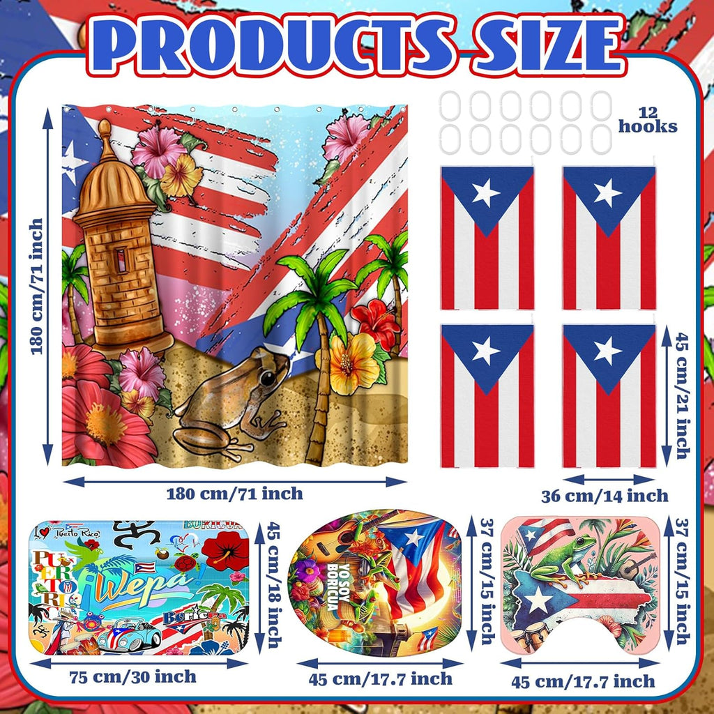 8 Pcs Puerto Rico Bathroom Shower Curtain Set Puerto Rico Bathroom Decor Set Include Shower Curtain Non-Slip Rug Bath Mat Toilet Lid Cover and 4 Towels with 12 Hooks