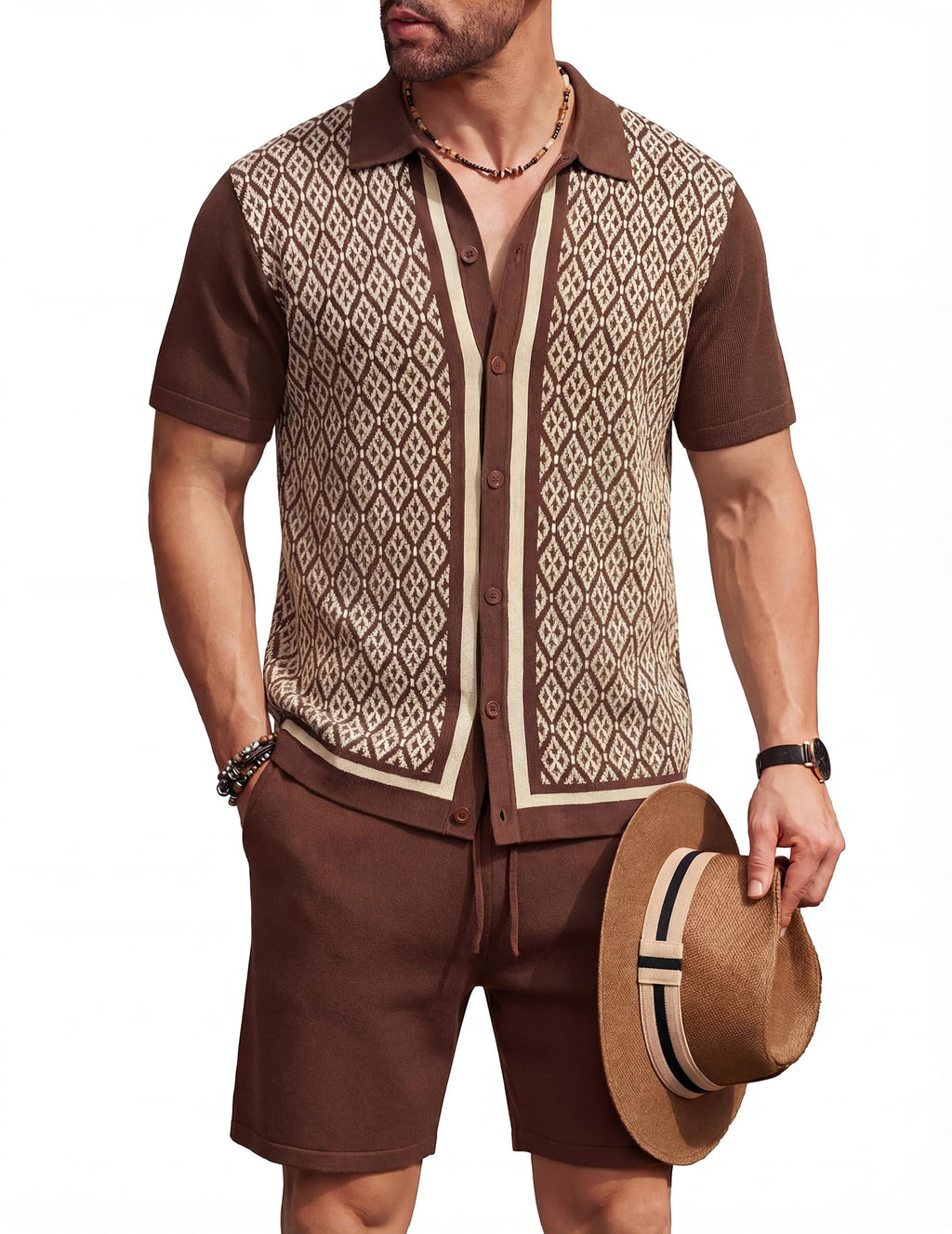 COOFANDY Men's 2 Piece Outfit Vintage Short Sleeve Button Down Knit Polo Shirts Casual Beach Shorts Sets