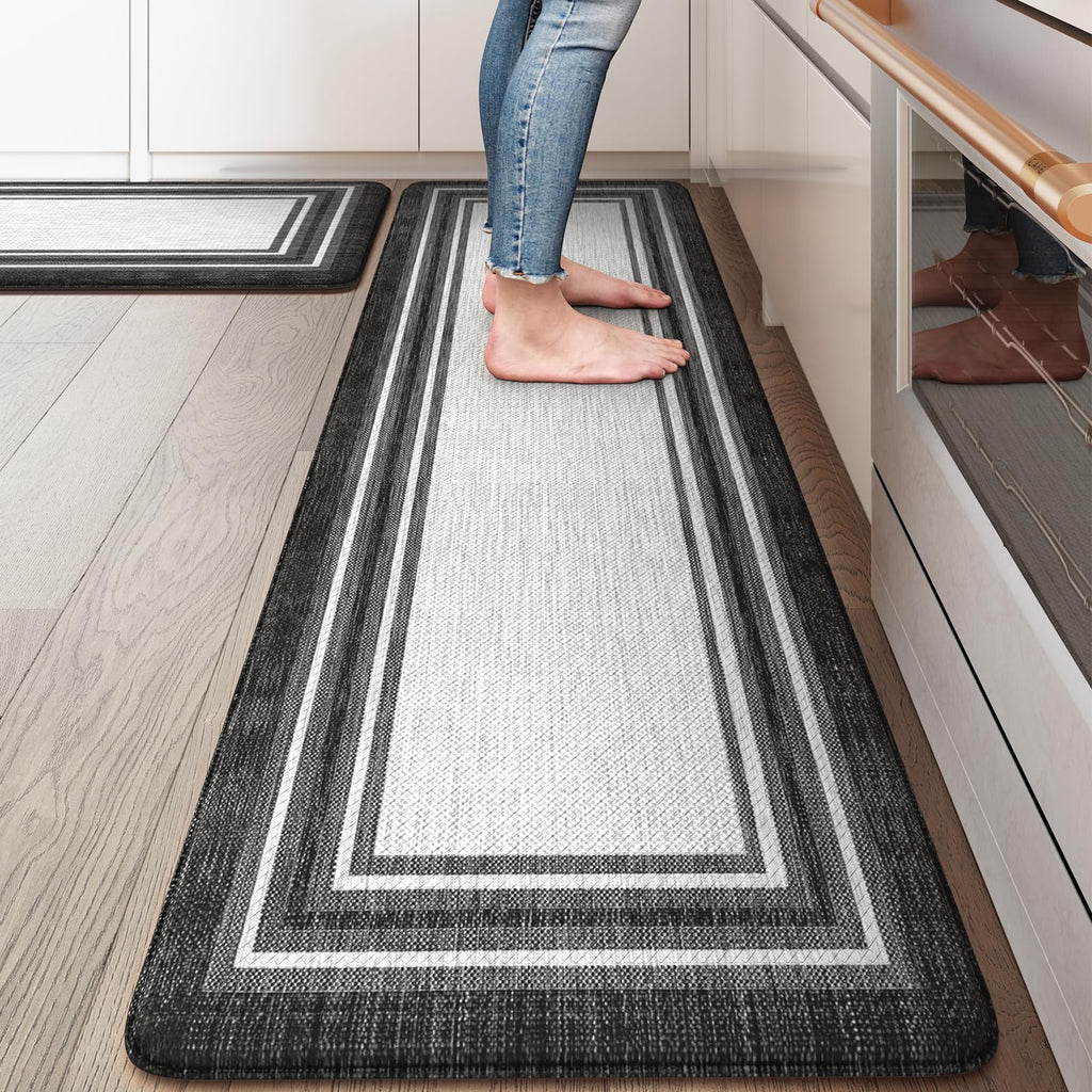 KIMODE Kitchen Mats 2PCS,Cushioned Anti Fatigue Kitchen Rugs and Mats,Non Skid Waterproof Kitchen Mats for Floor,Comfort Foam Standing Mat for Home Decor, Office,Sink,Laundry Room,Desk,Black and White
