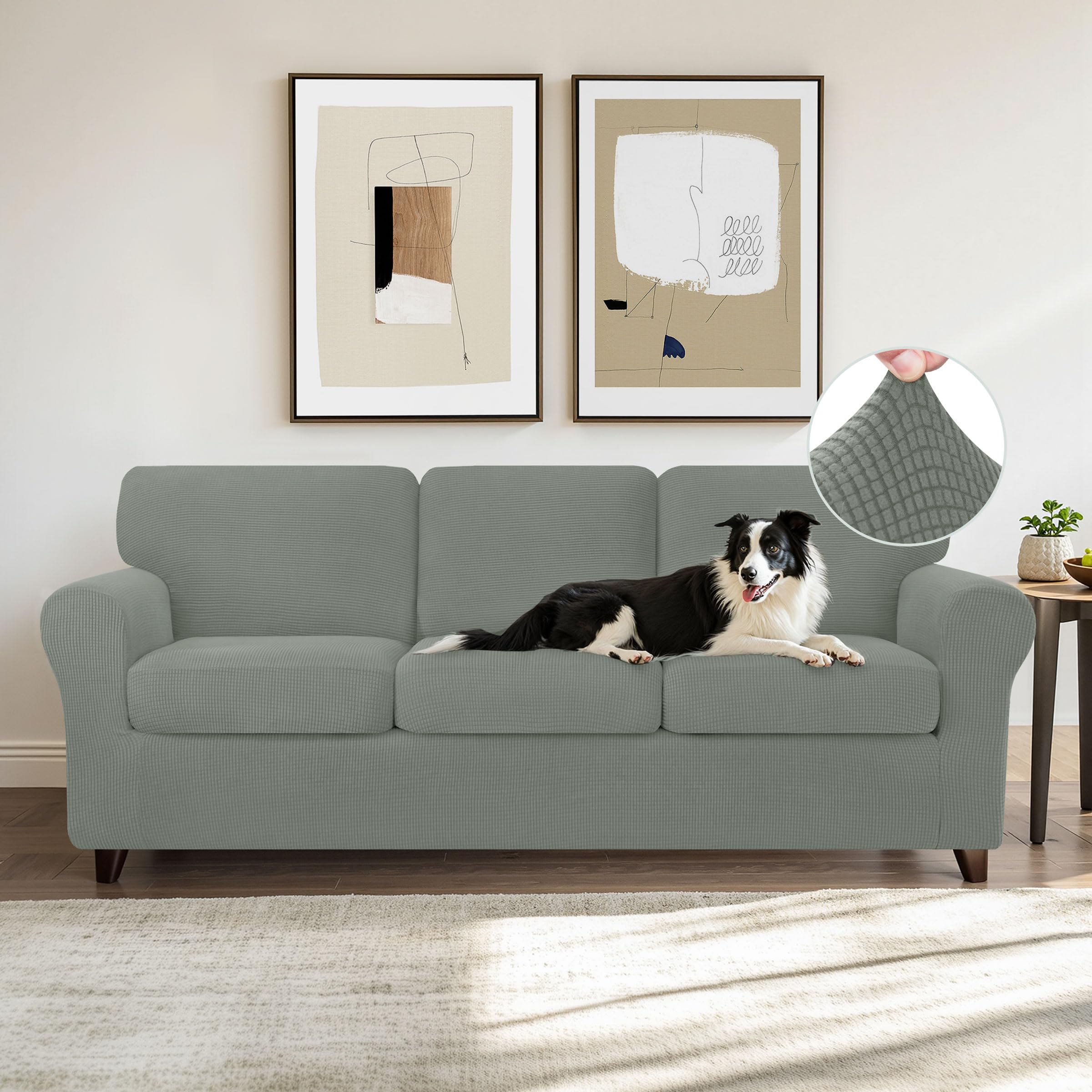 CHUN YI 7 Piece Couch Covers Sofa Covers Washable, Stretch Sofa Slipcovers for 3 Cushion Couch with Seperate Backrest and Cushion Covers, Anti Slip Furniture Protector for Dogs Pets (Large, Grey)