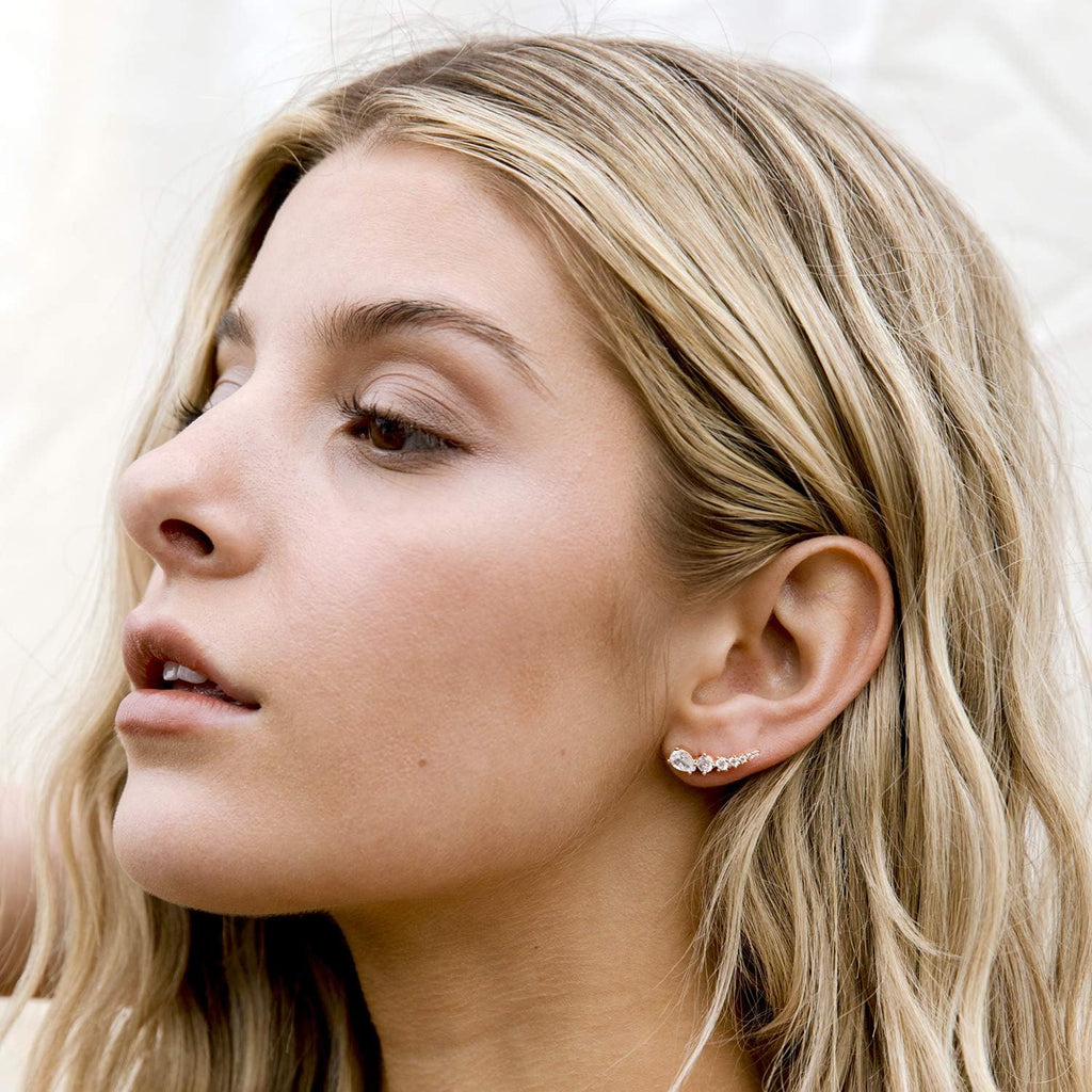 PAVOI 14K Gold Plated Cubic Zirconia Ear Crawler Stud Earrings for Women - Faux Diamond Arrow Climber Fashion Earrings - Trendy Earscape Statement Jewelry