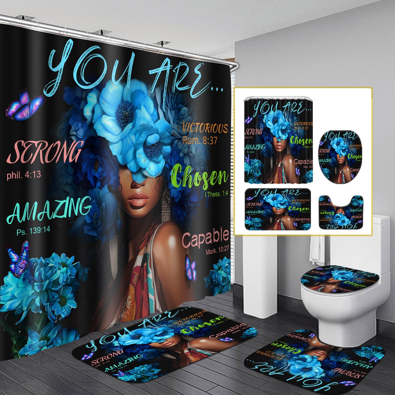 African American Shower Curtain Sets for Bathroom, Black Praying King Bathroom Sets with Waterproof Shower Curtain and Non-Slip Rugs Toilet Lid Cover Bath Mat, Cool Unique Man Bathroom Decor Sets