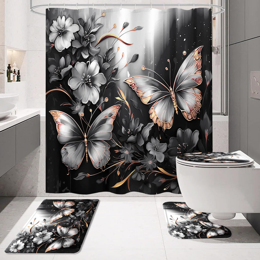 Litabel 4 Pcs Black Floral Butterfly Shower Curtain Set with Non-Slip Rugs, White Gold Modern Toilet Lid Cover and Bath Mat, Elegant Bathroom Decor Set (Hooks Not Included)