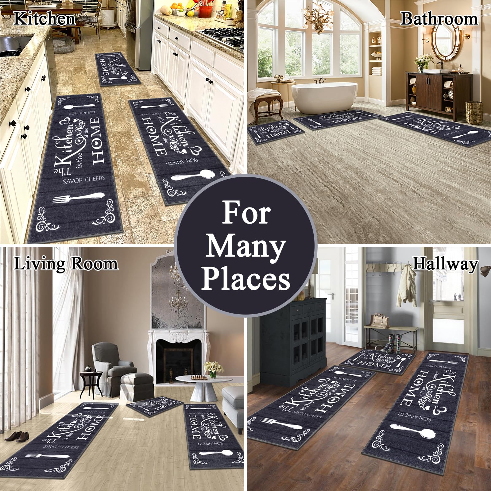 Vaukki Boho Kitchen Rug Sets 3 Pieces, Washable Kitchen Mats for Floor, Non Slip Soft Kitchen Area Rug Floor Mat for Kitchen, Laundry Room and Hallway (Grey and Beige, 20''x32''+20''x47''+20''x59'')