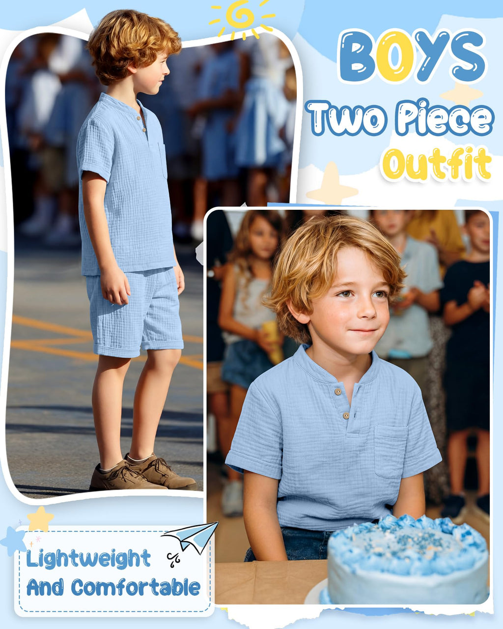 Boys 2 Piece Cotton Outfits 5-14Y Short Sleeve Button Down Shirt Shorts Pockets Summer Clothes Henley Casual Set