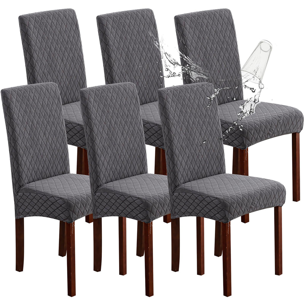 Genina Waterproof Chair Covers for Dining Room 6 Pack, Stretch Jacquard Dining Chair Cover Removable Washable Chair Protectors Cover for Kitchen, Home (Leaves-Warm Gray, 6 PCS)