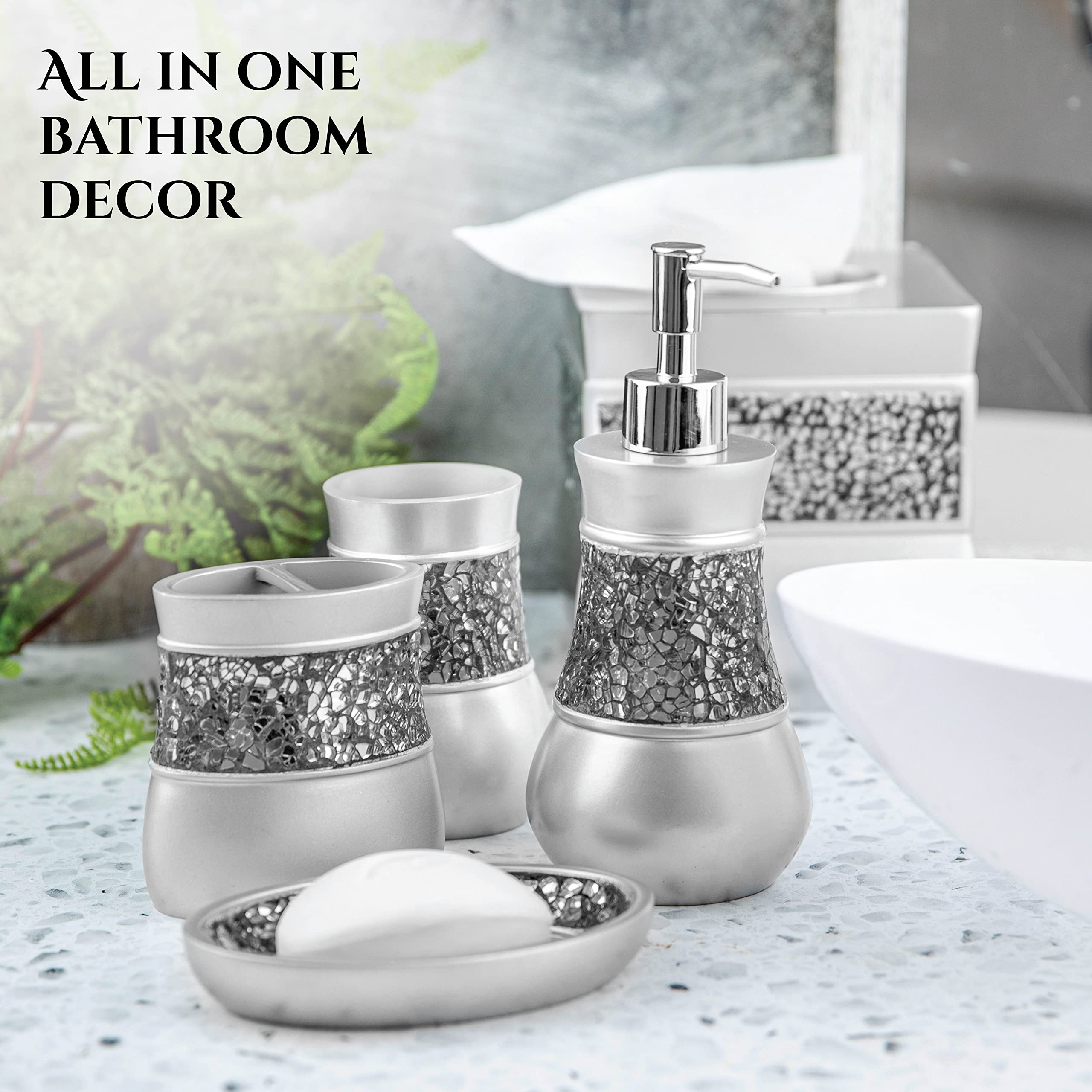 Creative Scents Crackled Glass Silver Bathroom Accessory Set – 4-Piece Vanity Set Includes: Lotion Soap Dispenser, Toothbrush Holder, Tumbler, and Soap Dish