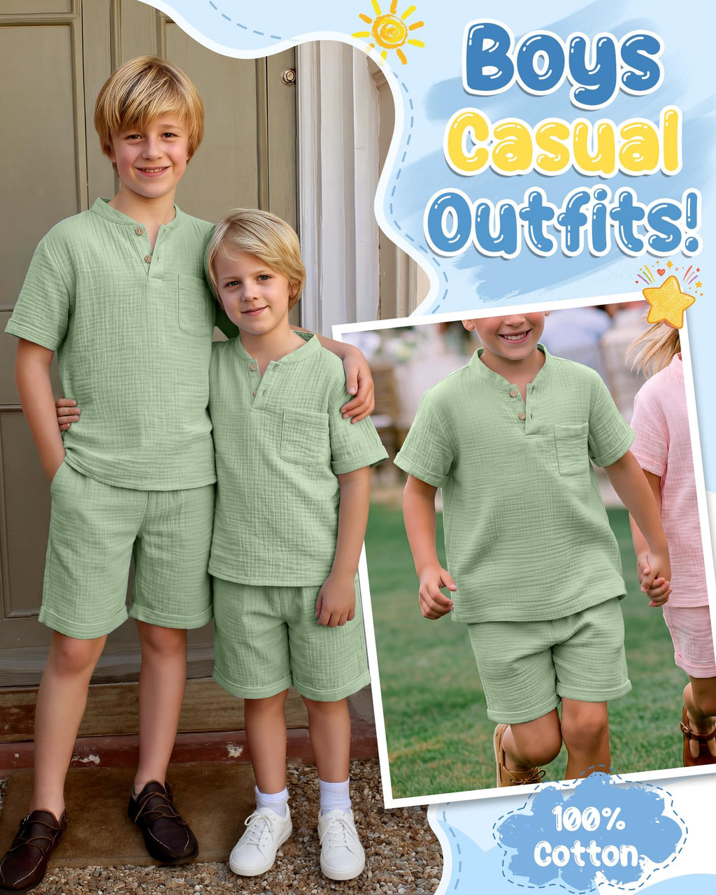Boys 2 Piece Cotton Outfits 5-14Y Short Sleeve Button Down Shirt Shorts Pockets Summer Clothes Henley Casual Set