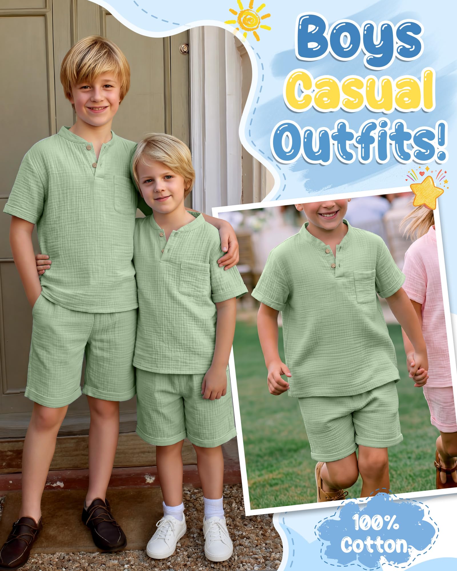 Boys 2 Piece Cotton Outfits 5-14Y Short Sleeve Button Down Shirt Shorts Pockets Summer Clothes Henley Casual Set