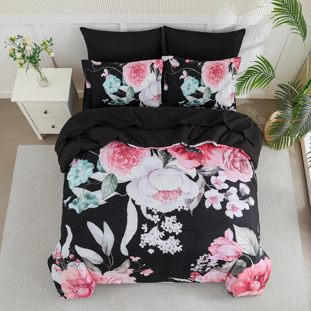 Yogeneg 7 Piece Bed in a Bag King Size Comforter Set Black Bedding Set,Gold Butterfly Leaves Printed on Black Reversible Design,Soft Microfiber Comforter with Sheet Set,All Season(Butterfly,King)