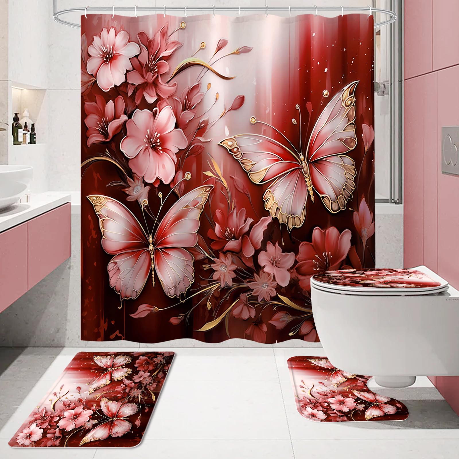 Litabel 4 Pcs Black Floral Butterfly Shower Curtain Set with Non-Slip Rugs, White Gold Modern Toilet Lid Cover and Bath Mat, Elegant Bathroom Decor Set (Hooks Not Included)