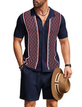 COOFANDY Men's 2 Piece Outfit Vintage Short Sleeve Button Down Knit Polo Shirts Casual Beach Shorts Sets
