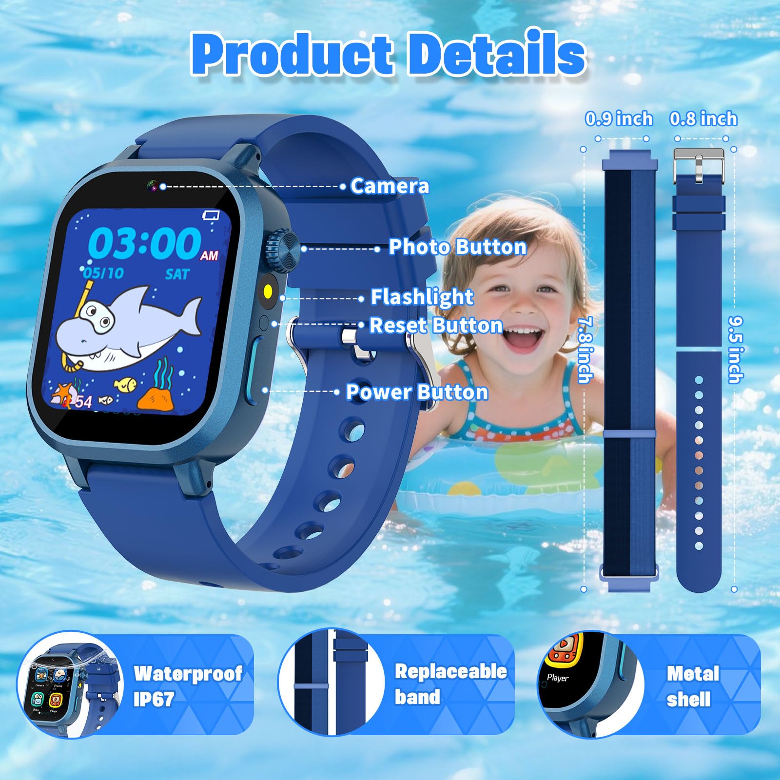 Wiszodet Kids Waterproof Smart Watch Boys Gift Age 3-12 with 39 Game HD Touch Screen Music Player Video Camera Pedometer Alarm Clock Birthday Gift for 6 7 8 9 Year Olds Blue