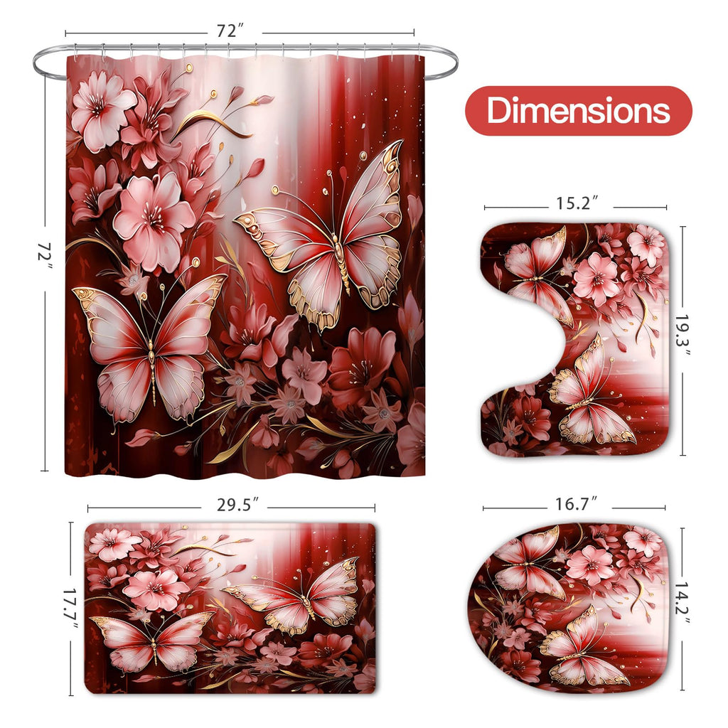 Litabel 4 Pcs Black Floral Butterfly Shower Curtain Set with Non-Slip Rugs, White Gold Modern Toilet Lid Cover and Bath Mat, Elegant Bathroom Decor Set (Hooks Not Included)