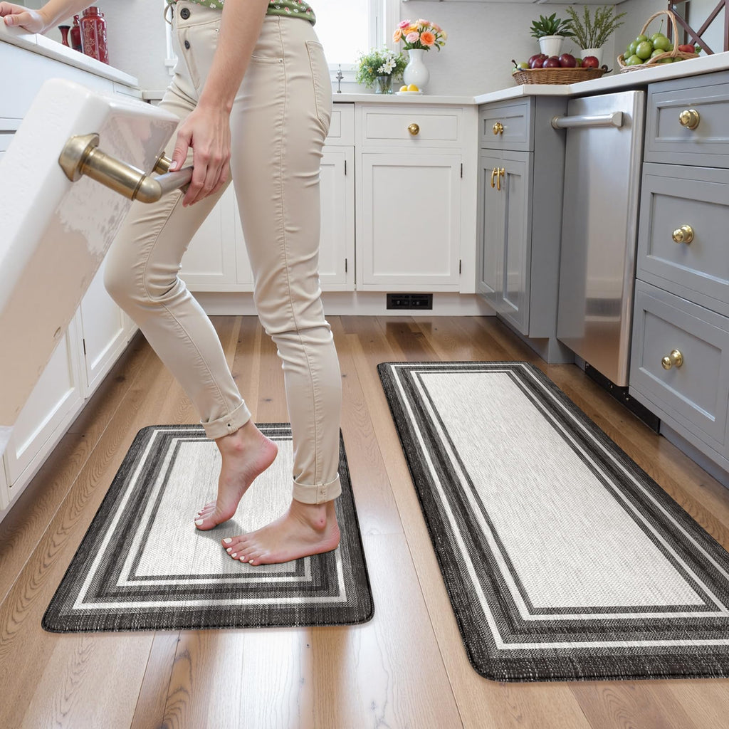 KIMODE Kitchen Mats 2PCS,Cushioned Anti Fatigue Kitchen Rugs and Mats,Non Skid Waterproof Kitchen Mats for Floor,Comfort Foam Standing Mat for Home Decor, Office,Sink,Laundry Room,Desk,Black and White