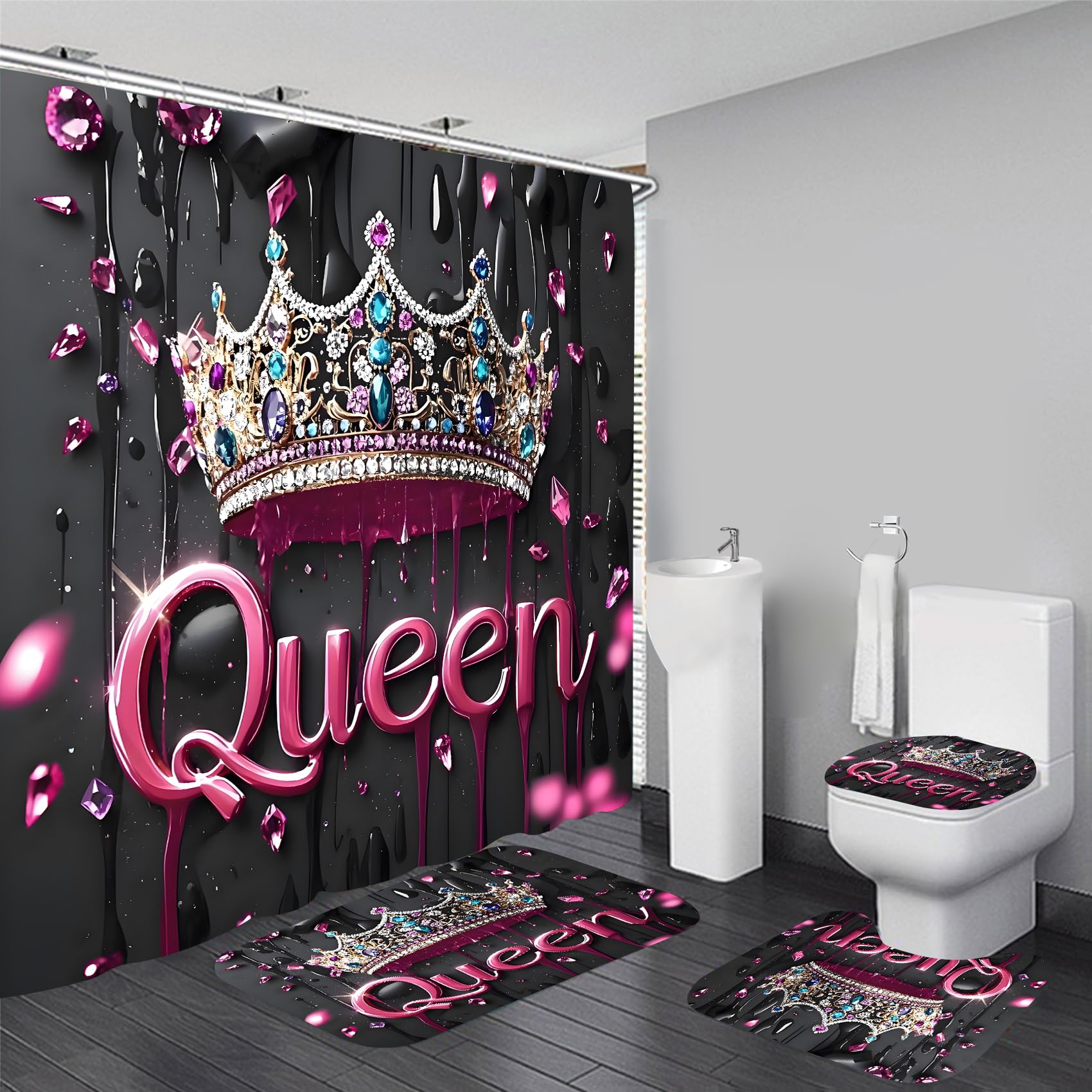 AZHM Golden Crown Print Shower Curtain Set Black Luxury Bathroom Accessories Sets with Shower Curtain and Rugs