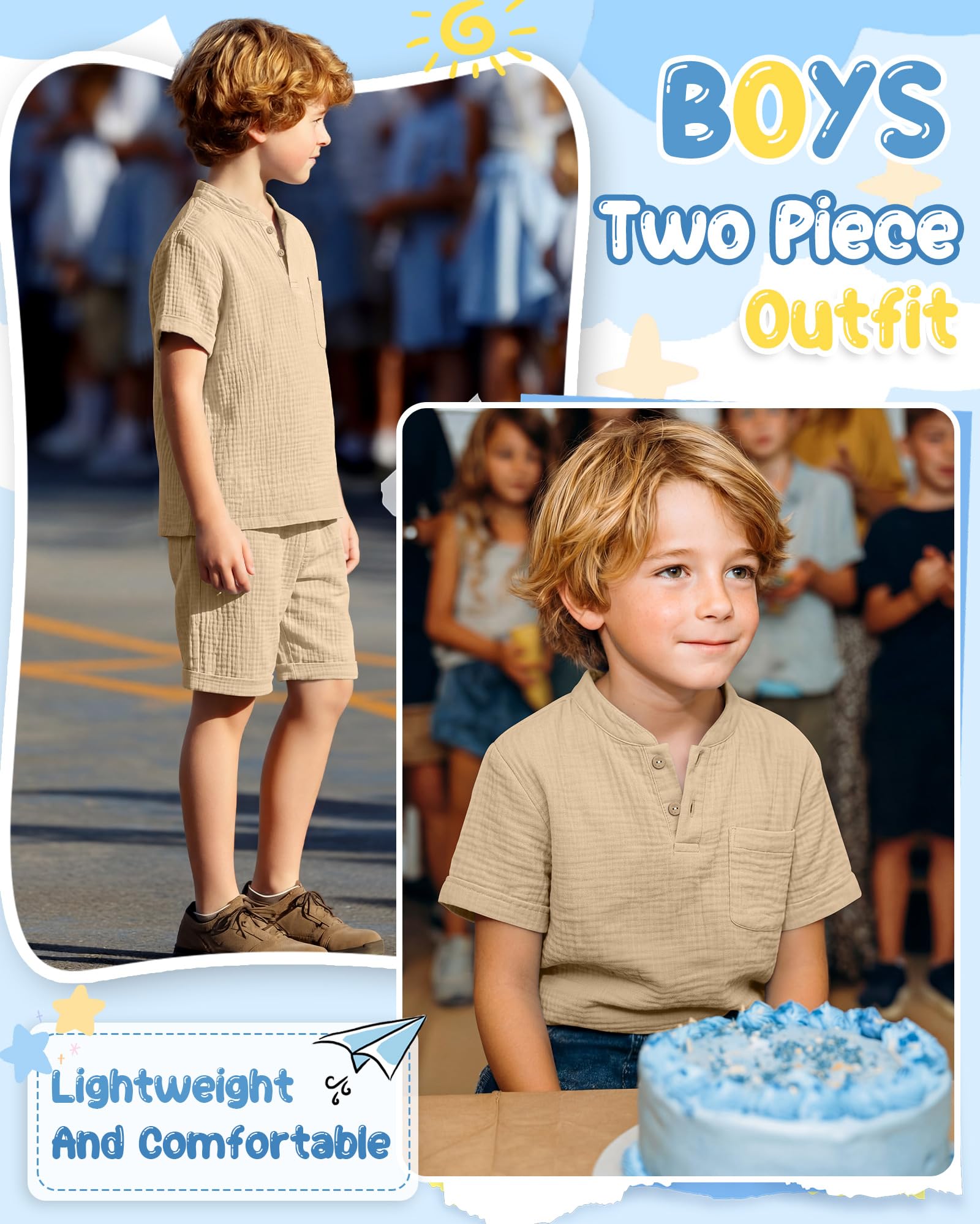 Boys 2 Piece Cotton Outfits 5-14Y Short Sleeve Button Down Shirt Shorts Pockets Summer Clothes Henley Casual Set