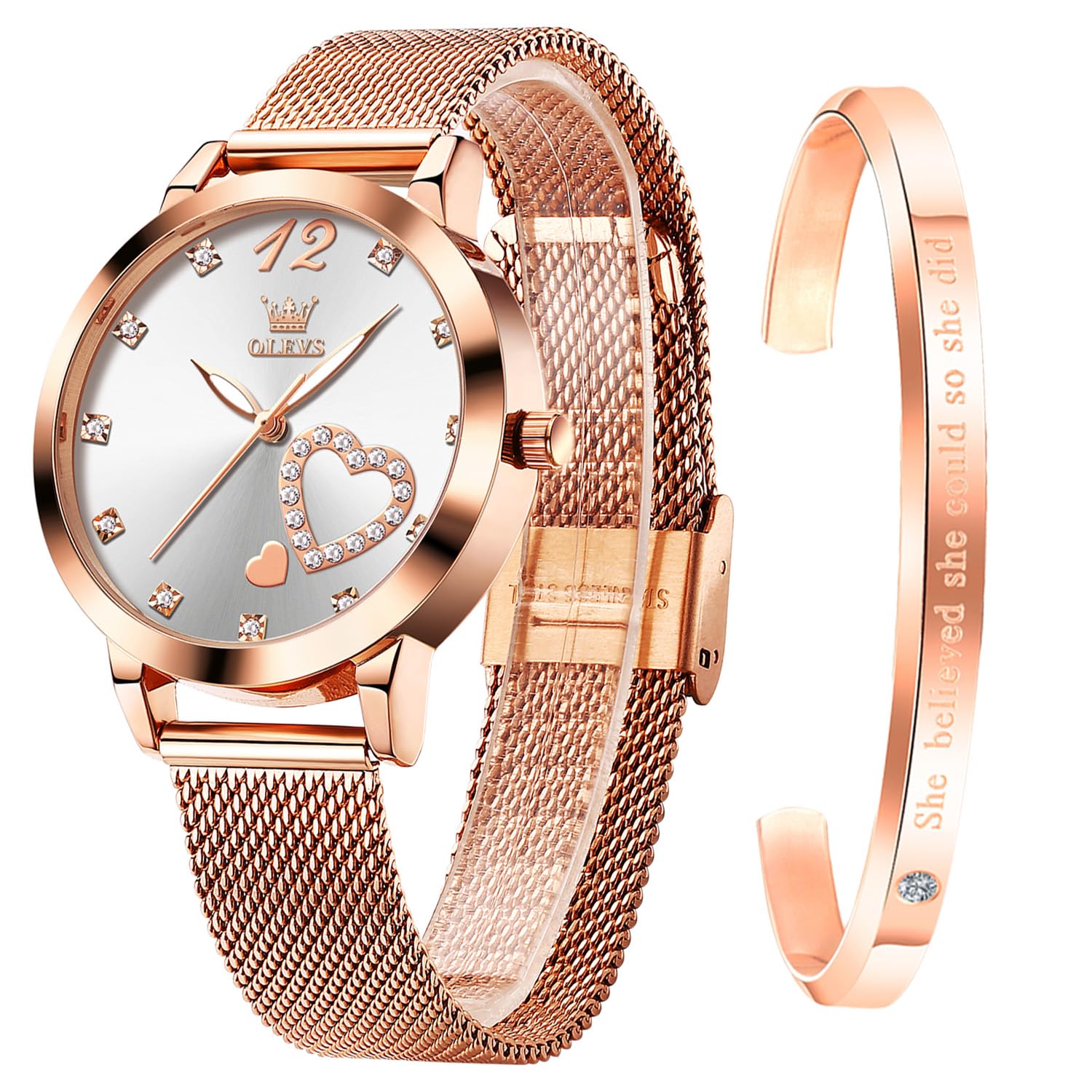 OLEVS Rose Gold Watch for Women Mesh Strap Fashion Dress Hearts Japanese Quartz Waterproof Luminous Ladies Watches Bracelet Sets