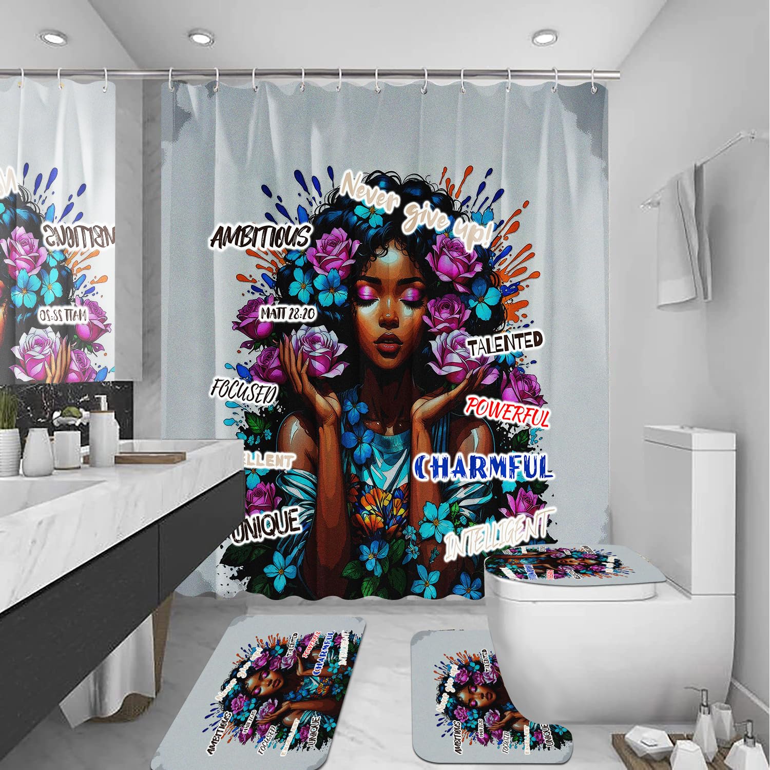 African American Shower Curtain Sets for Bathroom, Black Praying King Bathroom Sets with Waterproof Shower Curtain and Non-Slip Rugs Toilet Lid Cover Bath Mat, Cool Unique Man Bathroom Decor Sets