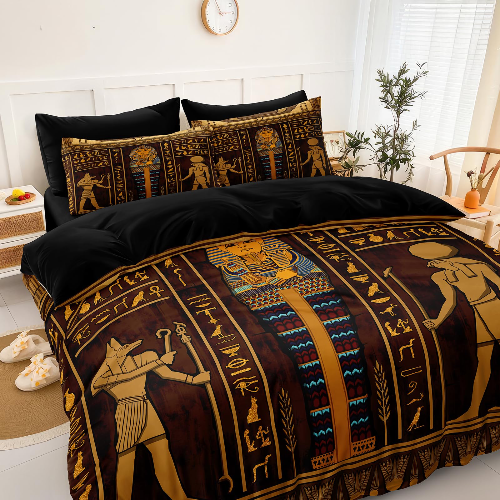 Ancient Egypt Comforter Set Black Gold Bedding Set Pharaoh Tribal Retro Comforter Egypt Cultural Theme Bedroom Decor Boho Exotic Vintage Bedding King Bed in A Bag