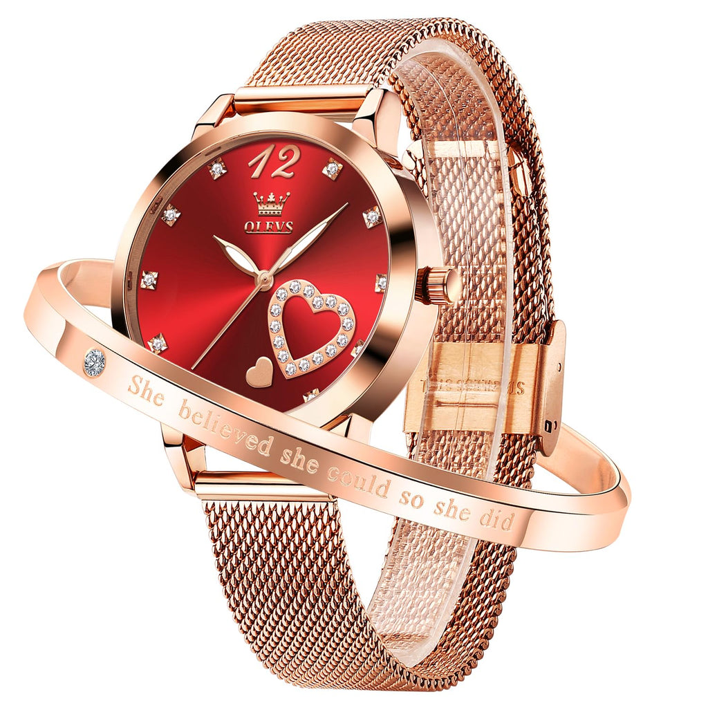 OLEVS Rose Gold Watch for Women Mesh Strap Fashion Dress Hearts Japanese Quartz Waterproof Luminous Ladies Watches Bracelet Sets