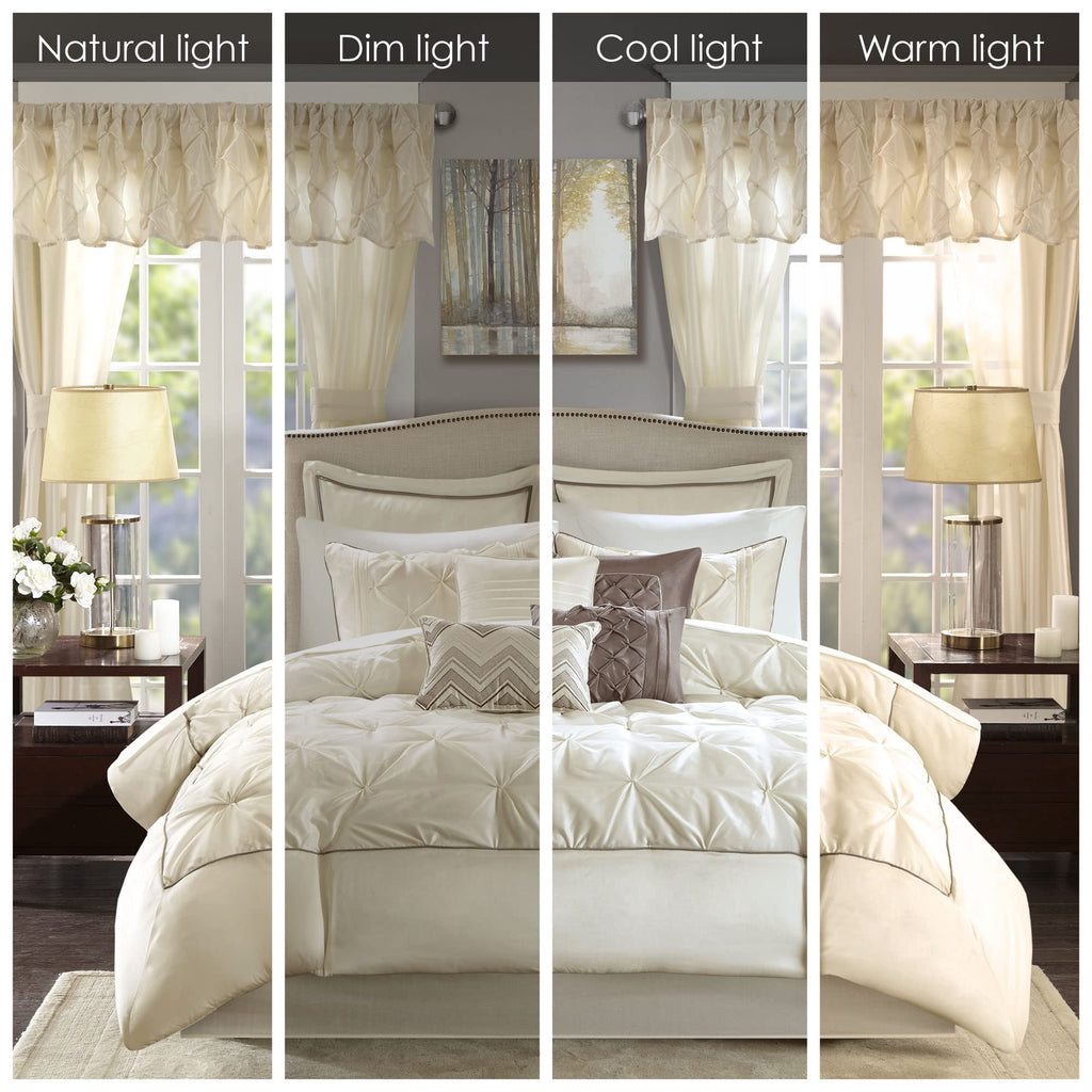Madison Park Essentials Room in a Bag Faux Silk Comforter Set - Luxe Diamond Tufting All Season Bedding, Matching Curtains, Decorative Pillows, Taupe King(104"x92") 24 Piece