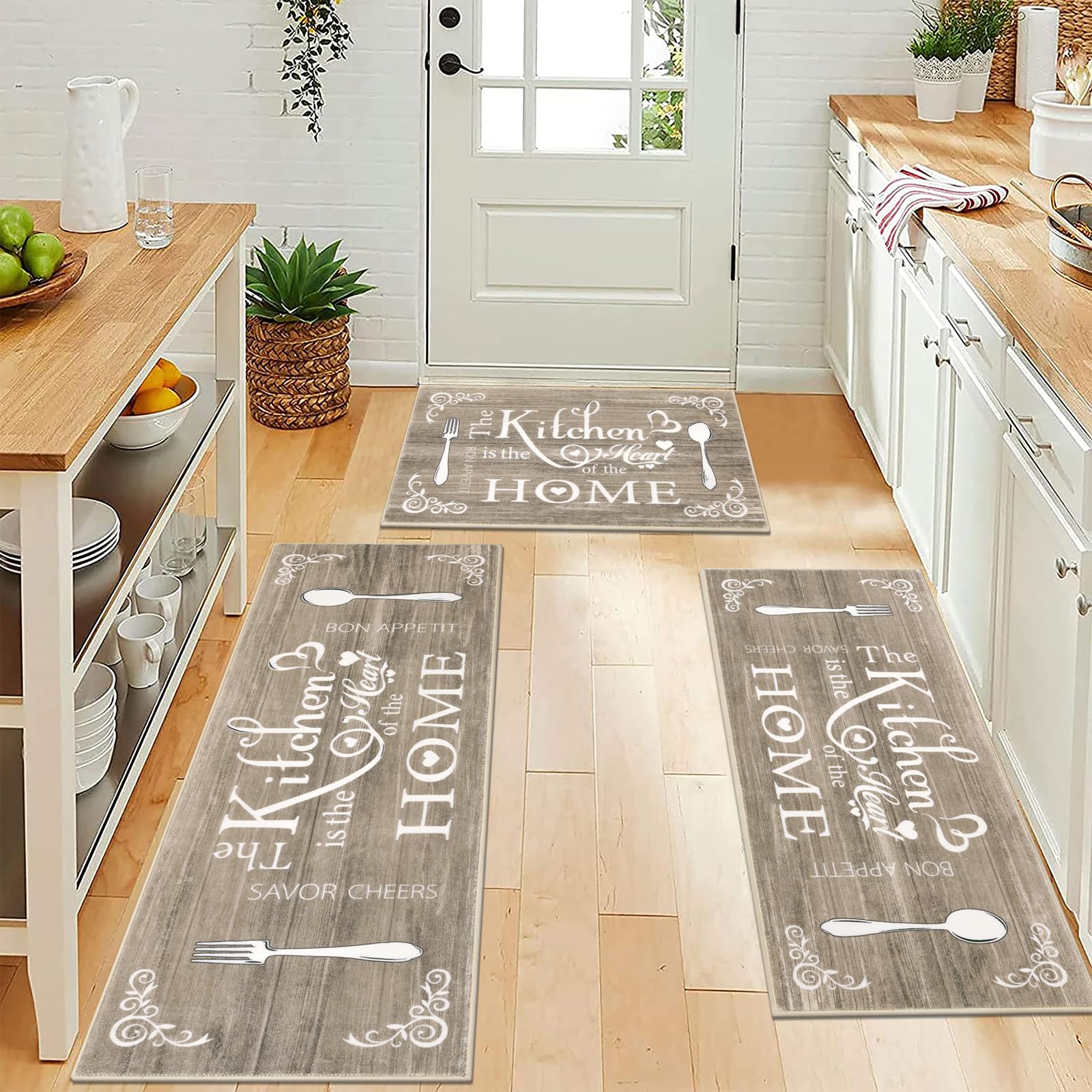 Vaukki Boho Kitchen Rug Sets 3 Pieces, Washable Kitchen Mats for Floor, Non Slip Soft Kitchen Area Rug Floor Mat for Kitchen, Laundry Room and Hallway (Grey and Beige, 20''x32''+20''x47''+20''x59'')